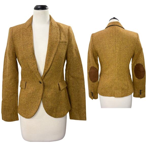 Zara Size S Blazer Jacket Shetland Wool Mustard Brown Tweed Elbow Patches - Picture 1 of 16